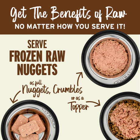 Primal Frozen Chicken for Dogs marketing graphic showing serving options: frozen nuggets, crumbled raw, and topper over kibble, highlighting versatile, balanced raw nutrition.