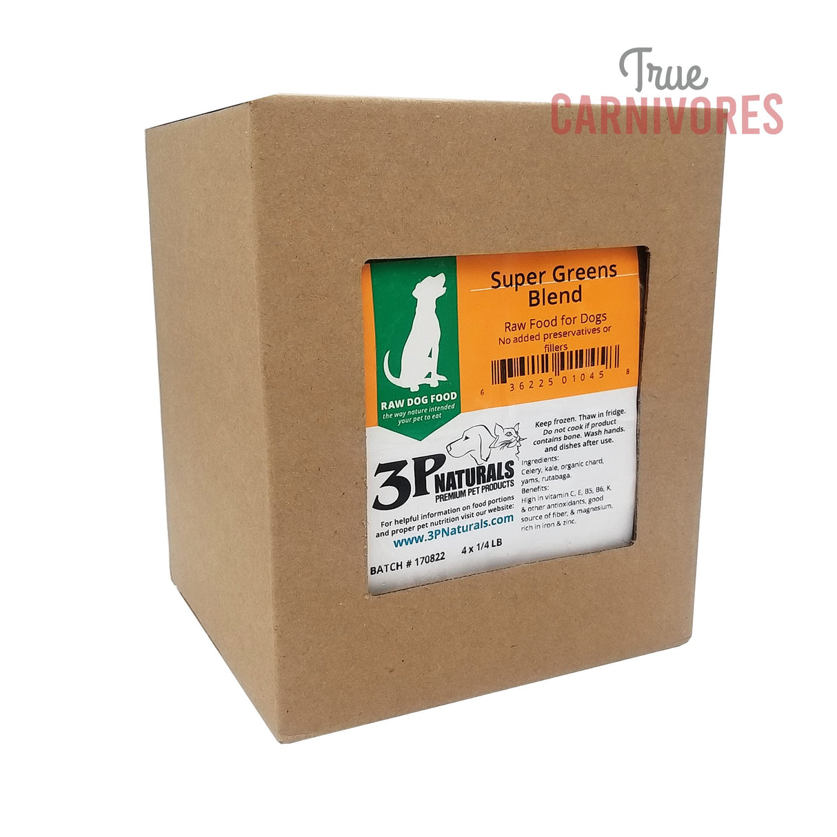 3P Basic Instinct Super Greens Blend for dogs, a cardboard cube containing frozen quarter-pound portions of super-green veggies, ideal as a raw, veggie-forward meal topper.