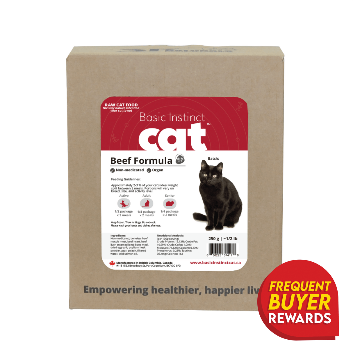 3P Basic Instinct Non-Medicated Beef with Organ for Cats, featuring raw, organ-included beef formula in a 250g carton with feeding guidelines and a Frequent Buyer Rewards badge.