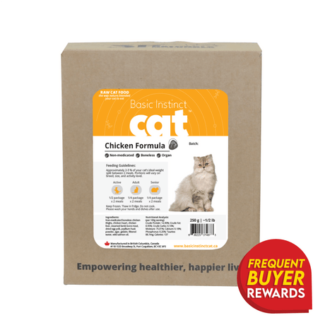 3P Basic Instinct Non-Medicated Boneless Chicken with Organ cat food in a labelled box featuring feeding guidelines, nutrition panel, and a long-haired cat image.