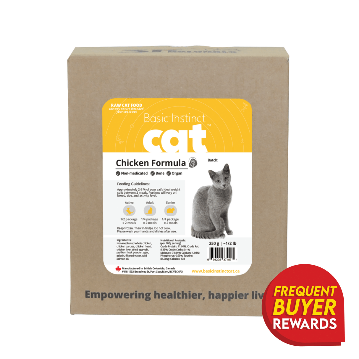 3P Basic Instinct Non-Medicated Chicken with Bone for Cats, featuring feeding guidelines, grey cat illustration, rewards badge, and lean, single-protein formula in portion-easy packs.