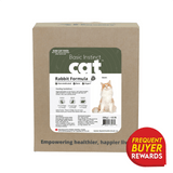 3P Basic Instinct Non-Medicated Rabbit with Organ and Bone for Cats in a 250g carton, featuring feeding guidelines, brand details, and a rewards badge.