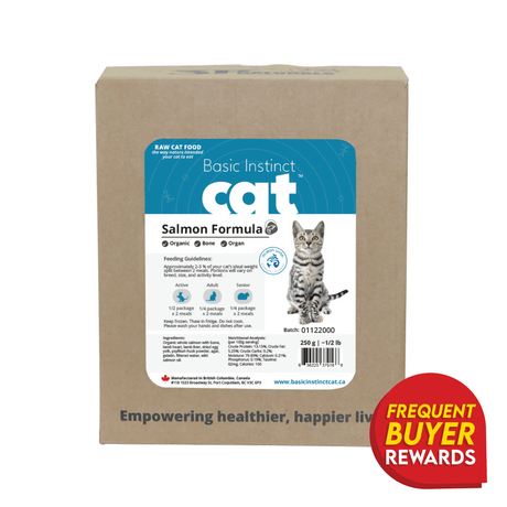 3P Basic Instinct Organic Salmon with Organ and Bone for Cats in a labeled box, featuring feeding guidelines, ingredients, and a Canadian maple-leaf icon.