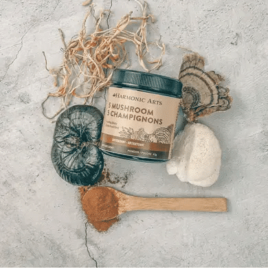 Harmonic Arts 5 Mushroom Liquid Tincture jar with mushrooms: cordyceps, turkey tail, lion’s mane, reishi, and powder scoop, highlighting the blend's health benefits.