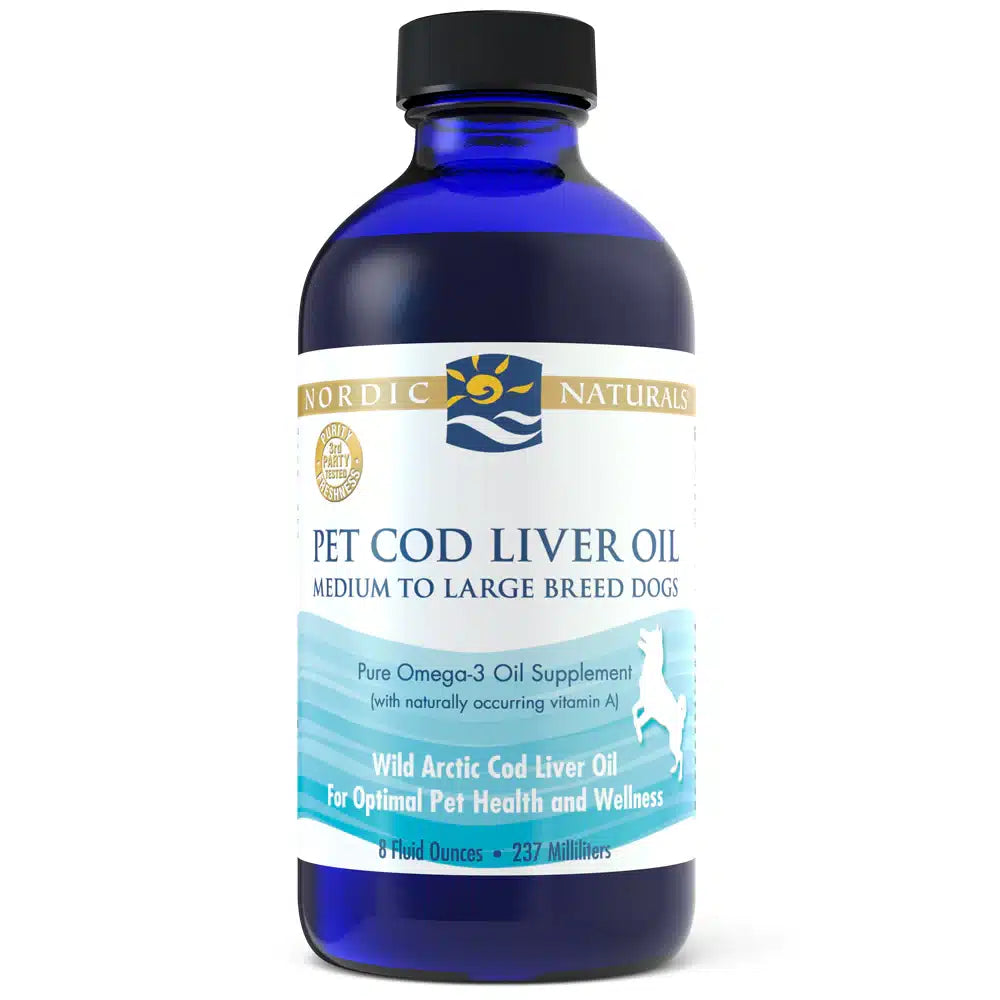 Nordic Naturals Pet Cod Liver Oil for medium to large dogs, 8oz blue glass bottle, offers omega-3 benefits from sustainably sourced wild Arctic cod.