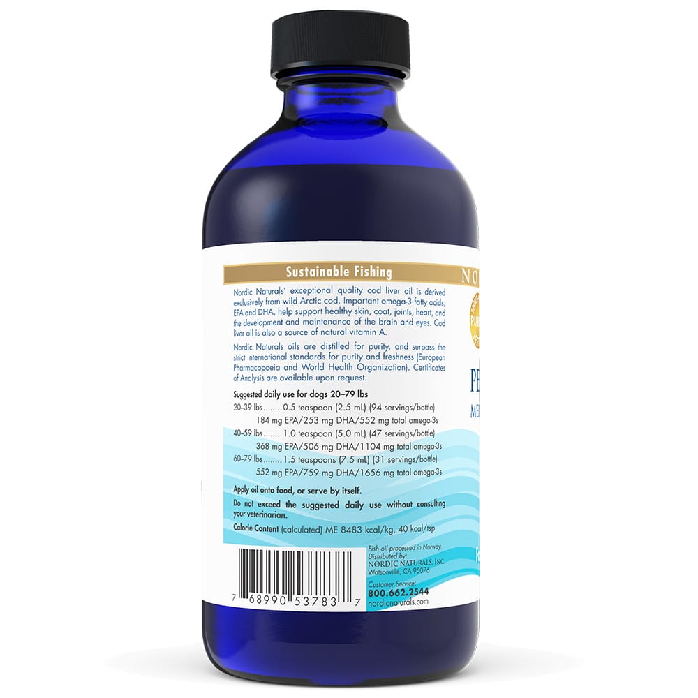 Nordic Naturals Pet Cod Liver Oil in a cobalt-blue bottle, featuring sustainable Arctic cod oil, dosage guidelines, and benefits for dogs' joint and eye health.