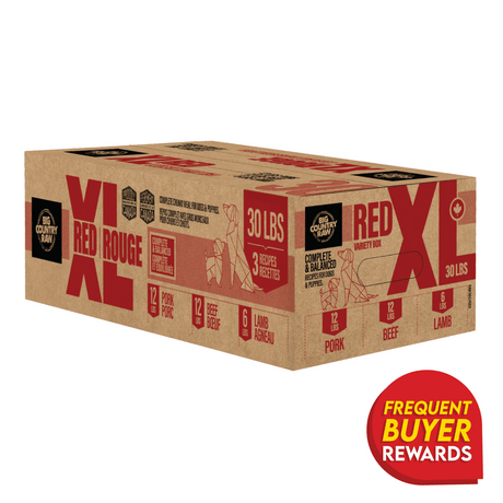 Big Country Raw XL Red, a 30 lb box of raw dog food, featuring pork, beef, and lamb recipes labeled Complete & Balanced with a Frequent Buyer Rewards badge.