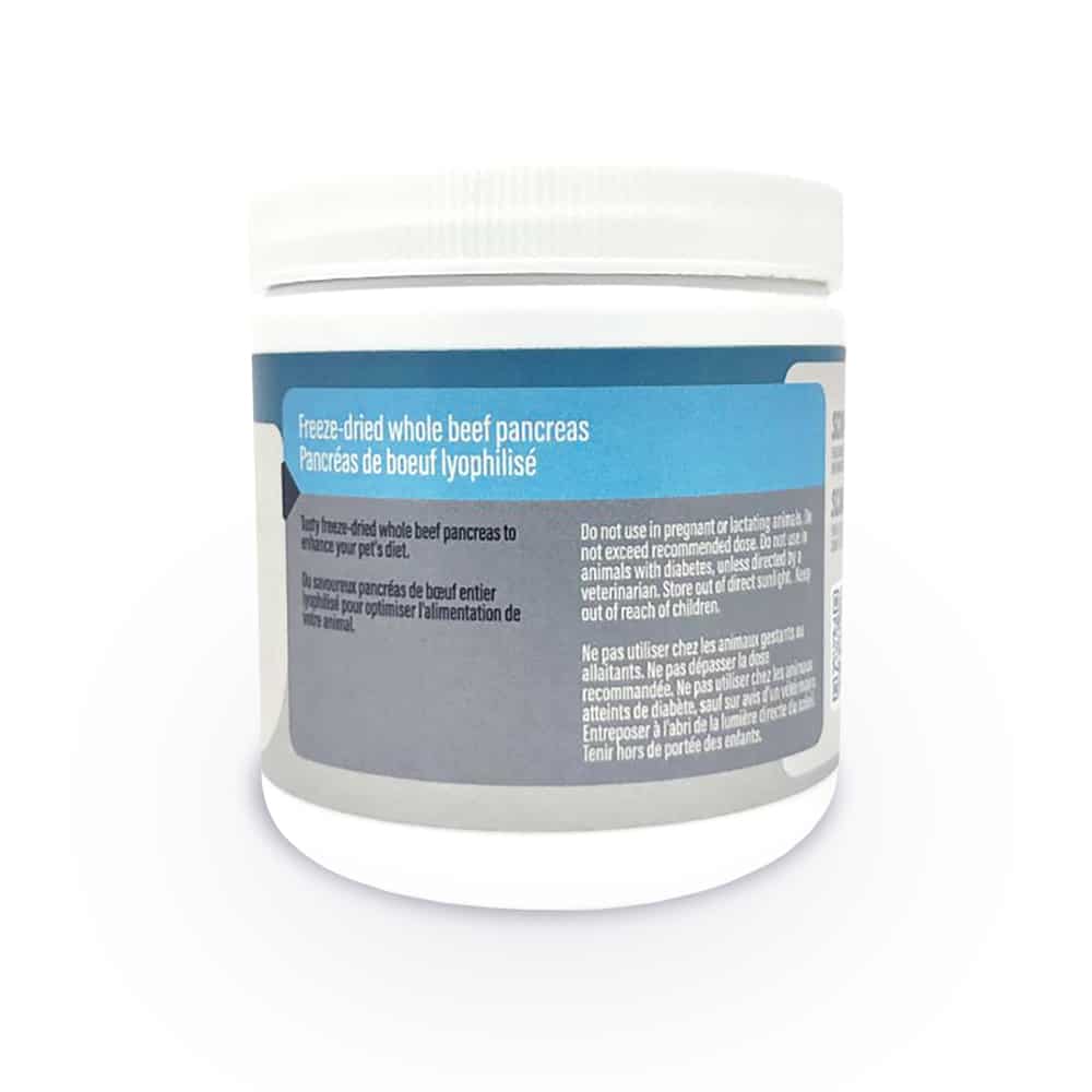 Thrive Beef Pancreas supplement jar, featuring freeze-dried beef pancreas powder for pets with EPI or pancreatitis, supports digestion with natural enzymes.