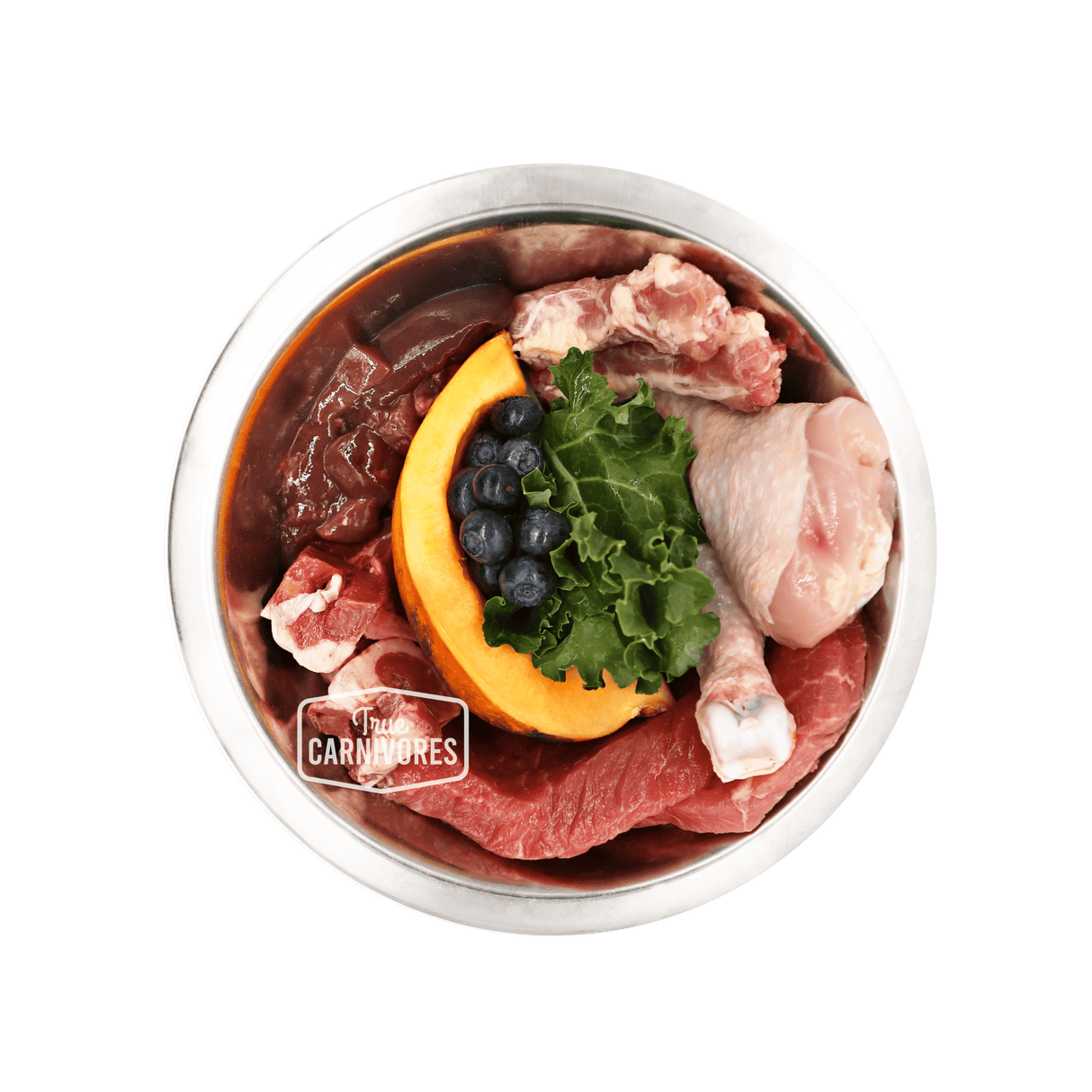 100 Mile Raw Beef Dinner in a stainless-steel bowl with raw chicken, beef, organ meats, winter squash, blueberries, and kale, showcasing a locally sourced carnivore meal.