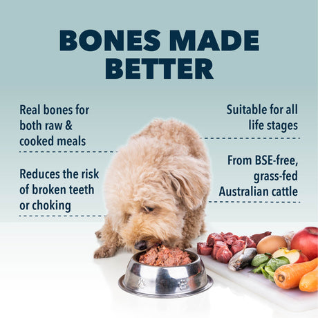 Four Leaf Rover Better Bones - Dried Bone For Homemade Diets; small dog eats raw meat from a bowl, surrounded by product benefits and whole-food ingredients like meat and vegetables.