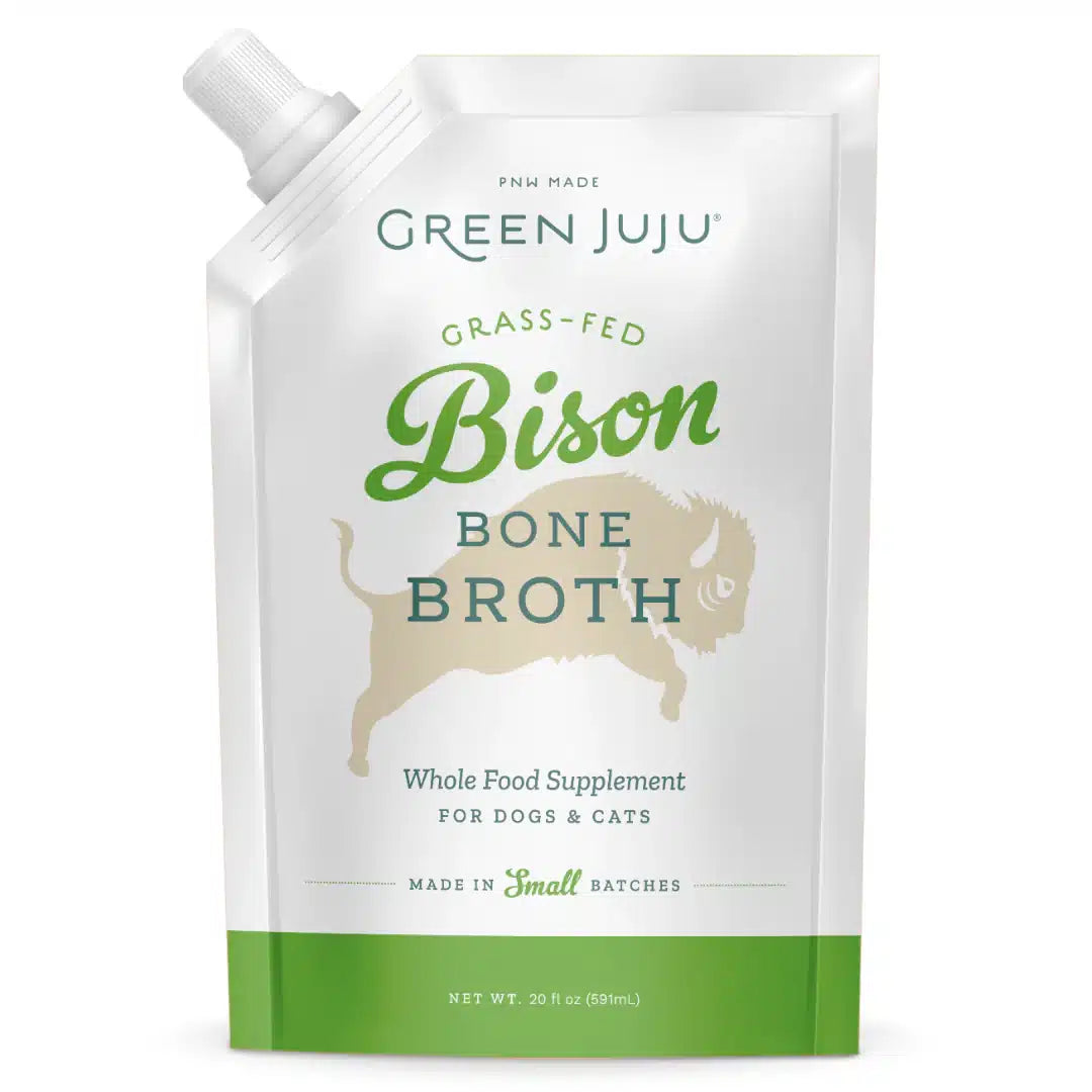 Green Juju Bison Bone Broth 20oz pouch for pets, highlighting joint, skin, and digestion support with glucosamine and collagen. Ideal for hydration and rehydrating dry food.