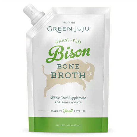 Green Juju Bison Bone Broth 20oz pouch for pets, highlighting joint, skin, and digestion support with glucosamine and collagen. Ideal for hydration and rehydrating dry food.