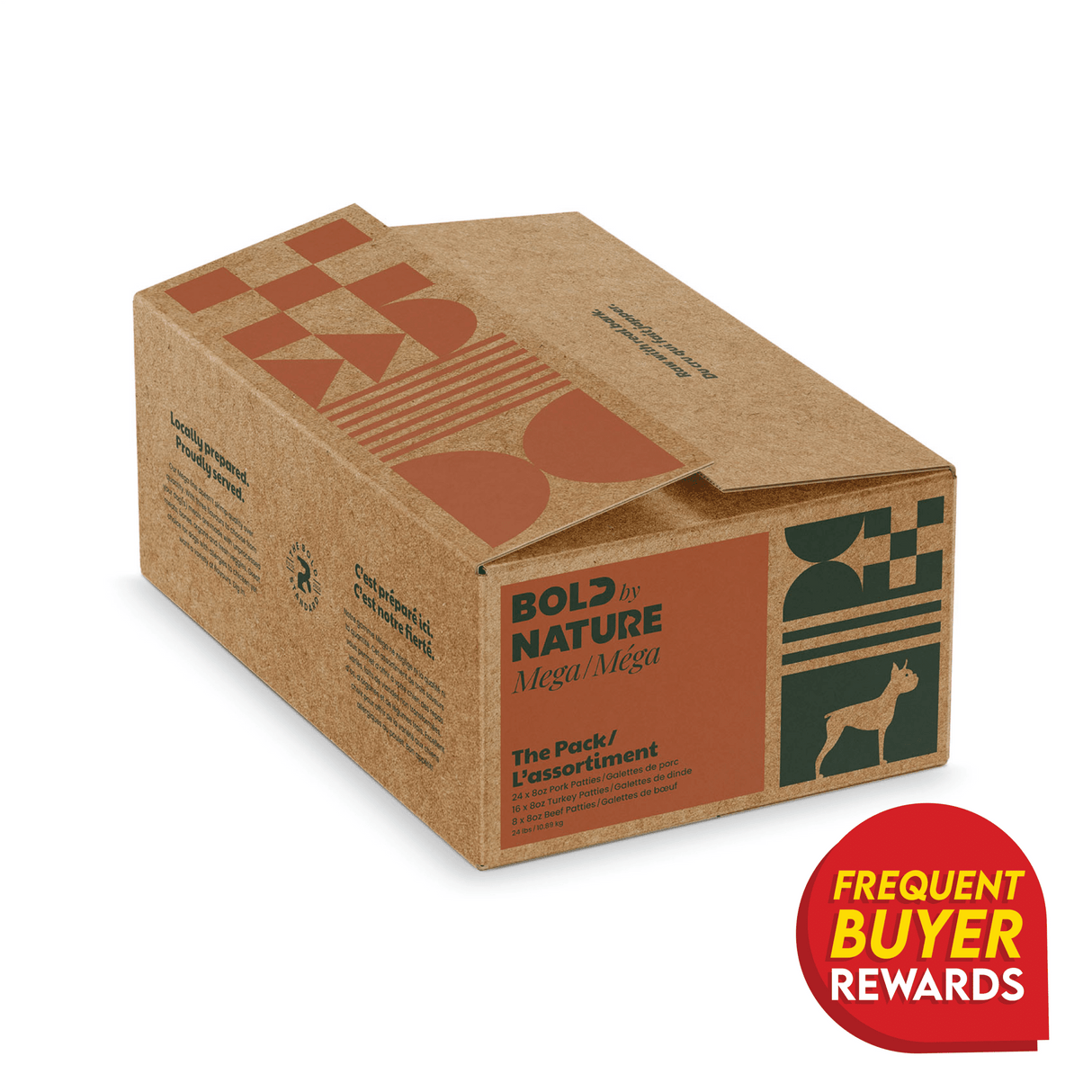 Bold by Nature The Pack Non-Chicken Variety carton with pork, turkey, and beef patties for dogs, featuring a Frequent Buyer Rewards badge and geometric graphics.