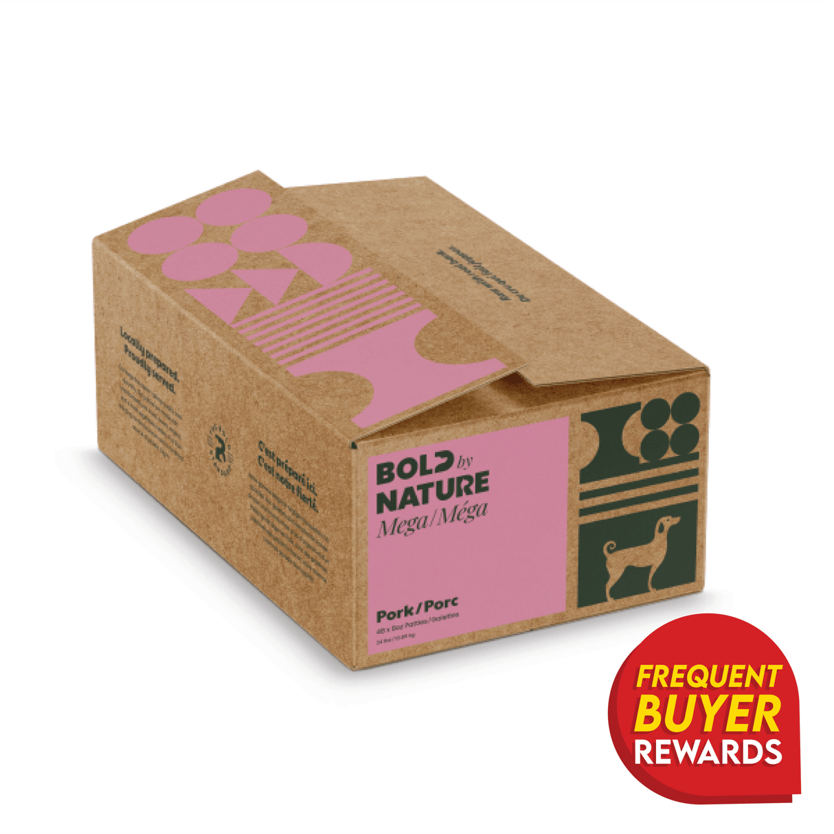 Bold by Nature Mega Pork for Dogs box with geometric graphics, dog silhouette, and Frequent Buyer Rewards badge, offering raw pork patties for balanced nutrition.