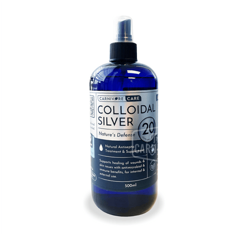 Carnivore Care Colloidal Silver Spray 20PPM 500mL Bottle for pets; cobalt-blue bottle, natural antiseptic for wound-healing and immune support.