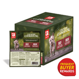 Caravan Country Cookhouse Beef dog food packaging, featuring a terrier dog image, grain-free recipe details, and a Frequent Buyer Rewards badge.