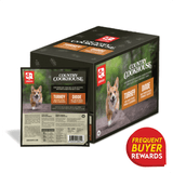 Caravan Country Cookhouse Turkey dog meal packaging, featuring a corgi on pouch, large shipping carton, and Frequent Buyer Rewards badge.