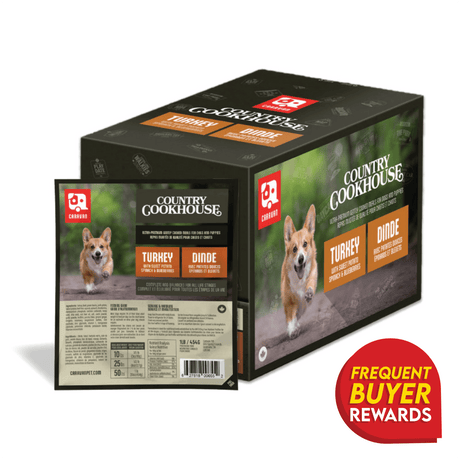 Caravan Country Cookhouse Turkey dog meal packaging, featuring a corgi on pouch, large shipping carton, and Frequent Buyer Rewards badge.