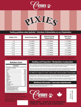 Carnivora Pixies Beef Mini Patties label with feeding chart, nutritional information, preparation instructions. Freeze-dried, made from whole beef, versatile for meals or treats.