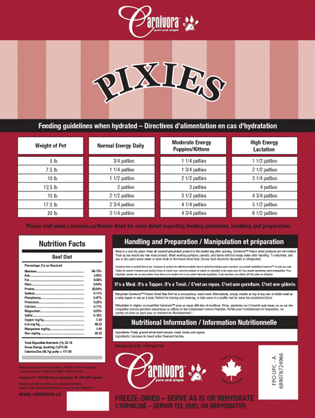 Carnivora Pixies Beef Mini Patties label with feeding chart, nutritional information, preparation instructions. Freeze-dried, made from whole beef, versatile for meals or treats.