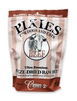 Pixies by Carnivora Beef Mini Patties (freeze-dried) bag showing ultra-premium freeze-dried raw diet for dogs and cats, featuring whole-prey ingredients for meals, toppers, or treats.