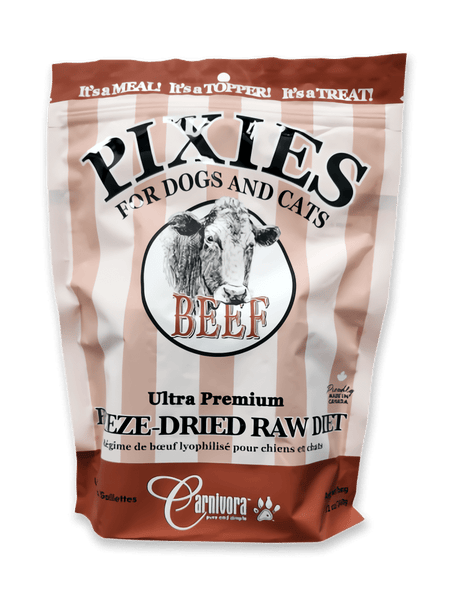 Pixies by Carnivora Beef Mini Patties (freeze-dried) bag showing ultra-premium freeze-dried raw diet for dogs and cats, featuring whole-prey ingredients for meals, toppers, or treats.
