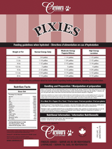 Pixies by Carnivora Bison Mini Patties (freeze-dried) label showing feeding guidelines, nutrition facts, ingredients, handling instructions, and branding with Canadian maple-leaf mark.