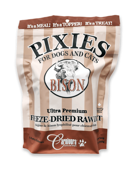 Pixies by Carnivora Bison Mini Patties (freeze-dried) stand-up pouch for dogs and cats, featuring ultra-premium whole-prey nutrition and multipurpose use as meal, topper, or treat.