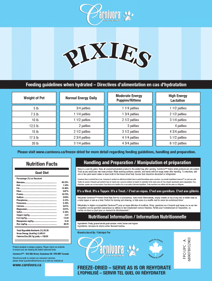 Pixies by Carnivora Goat Mini Patties label with feeding guidelines, nutrition facts, handling instructions, and product details for freeze-dried pet treats.
