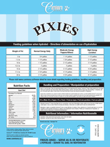 Pixies by Carnivora Goat Mini Patties label with feeding guidelines, nutrition facts, handling instructions, and product details for freeze-dried pet treats.