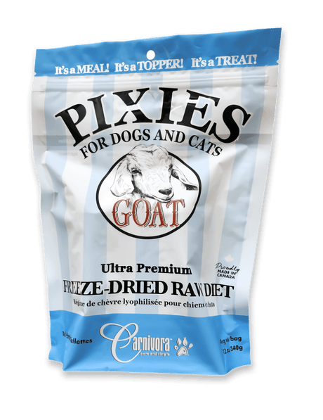 Pixies by Carnivora Pixies Goat Mini Patties (freeze-dried) in a stand-up pouch for dogs and cats, highlighting its ultra-premium, whole-prey, freeze-dried goat formula.