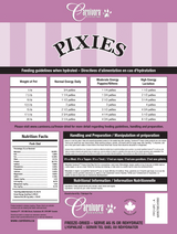 Pixies by Carnivora Pork Mini Patties (freeze-dried) package shows feeding chart, nutrition facts, ingredients, and preparation tips, highlighting whole-prey nutrition and freeze-dried convenience.