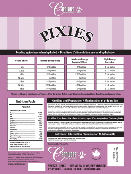 Pixies by Carnivora Pork Mini Patties (freeze-dried) package shows feeding chart, nutrition facts, ingredients, and preparation tips, highlighting whole-prey nutrition and freeze-dried convenience.