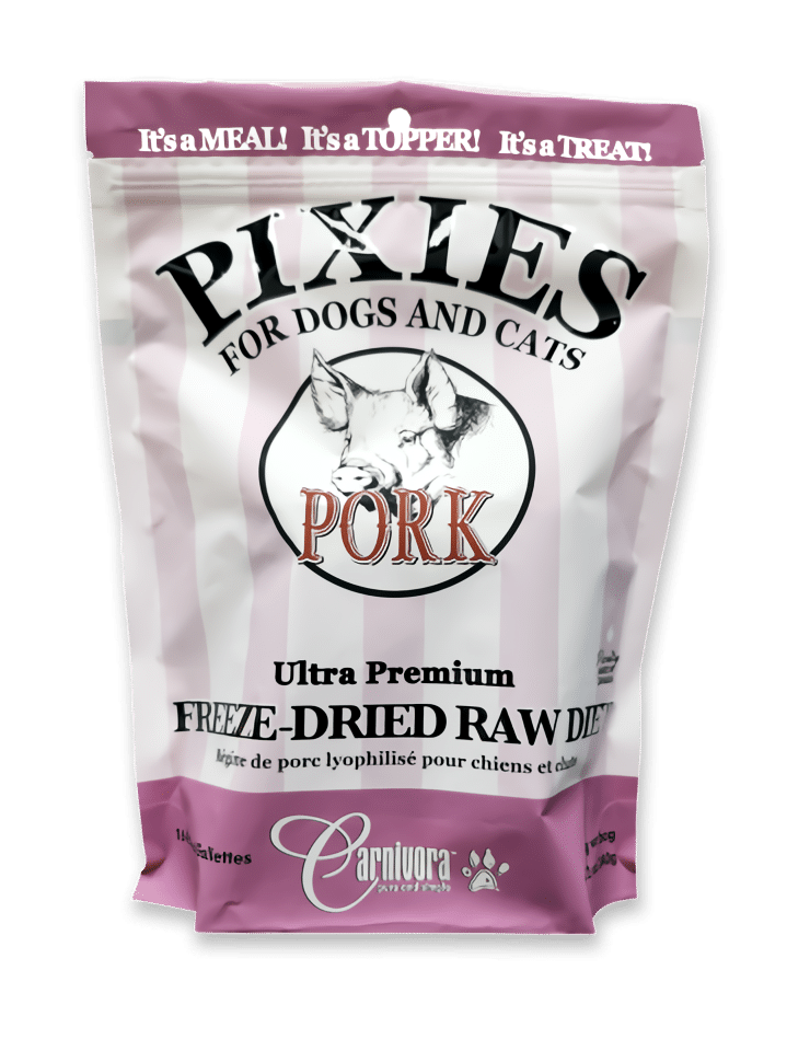 Pixies by Carnivora Pork Mini Patties (freeze-dried) in pink-and-white pouch, labeled for dogs and cats as a versatile meal, topper, or treat.
