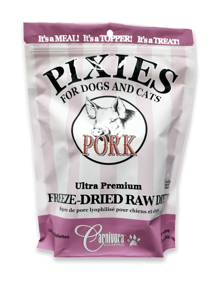 Pixies by Carnivora Pork Mini Patties (freeze-dried) in pink-and-white pouch, labeled for dogs and cats as a versatile meal, topper, or treat.