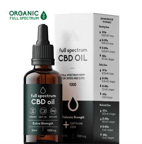Carnivore Care Organic Full Spectrum Hemp Oil for pets, 30 ml bottle, 1,000 mg CBD, Extra Strength; includes dosing guidelines and organic, MCT Oil, Non-GMO icons.