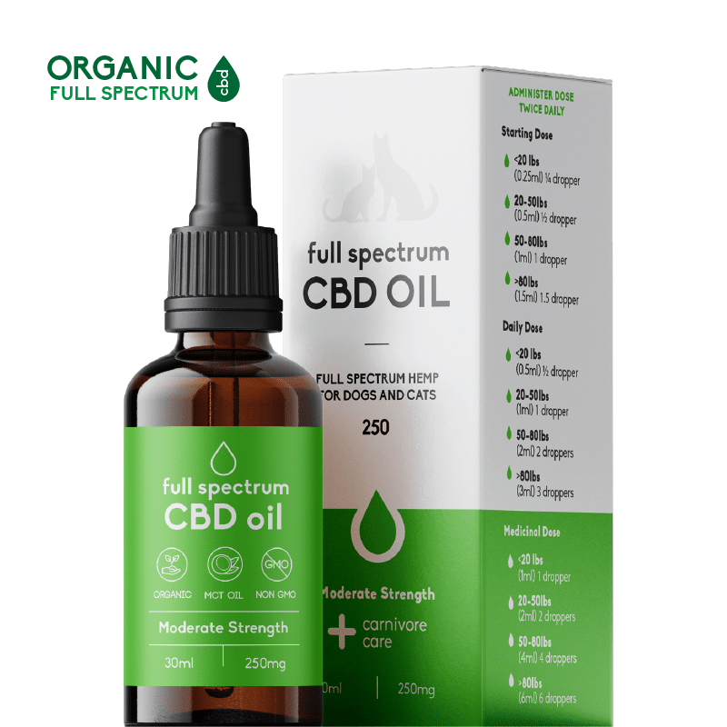 Carnivore Care Organic Full Spectrum Hemp Oil for dogs and cats, 250 mg, 30 ml. Organic, MCT Oil, Non-GMO, includes dosing chart by pet weight.