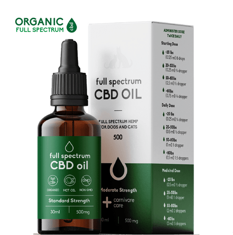 Carnivore Care Organic Full Spectrum Hemp Oil for pets, 30 ml amber tincture with dosing chart, 500 mg CBD, organic MCT oil, non-GMO, standard strength.