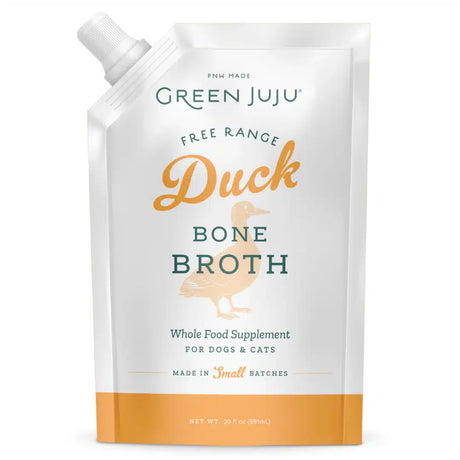 Green Juju Duck Bone Broth 20oz pouch, featuring a squeezable design, marketed as a functional hydration supplement for pets, supporting joints, skin, and digestion.
