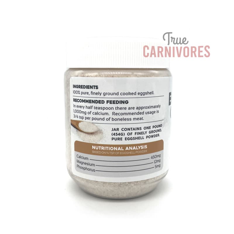 Back 2 Basics Powdered Eggshell in a clear jar; labeled for pet diets with 1 lb of finely ground eggshell, calcium-rich for bone health.