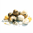 Freeze-Dried Quail Eggs 18 pack, displaying a pile of small speckled eggs, some cracked open, highlighting their dry, crumbly white and yellow interiors.