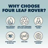 Infographic titled “WHY CHOOSE FOUR LEAF ROVER?” highlighting six benefits of Four Leaf Rover Better Bones, a natural, non-GMO dog supplement made from recycled containers.