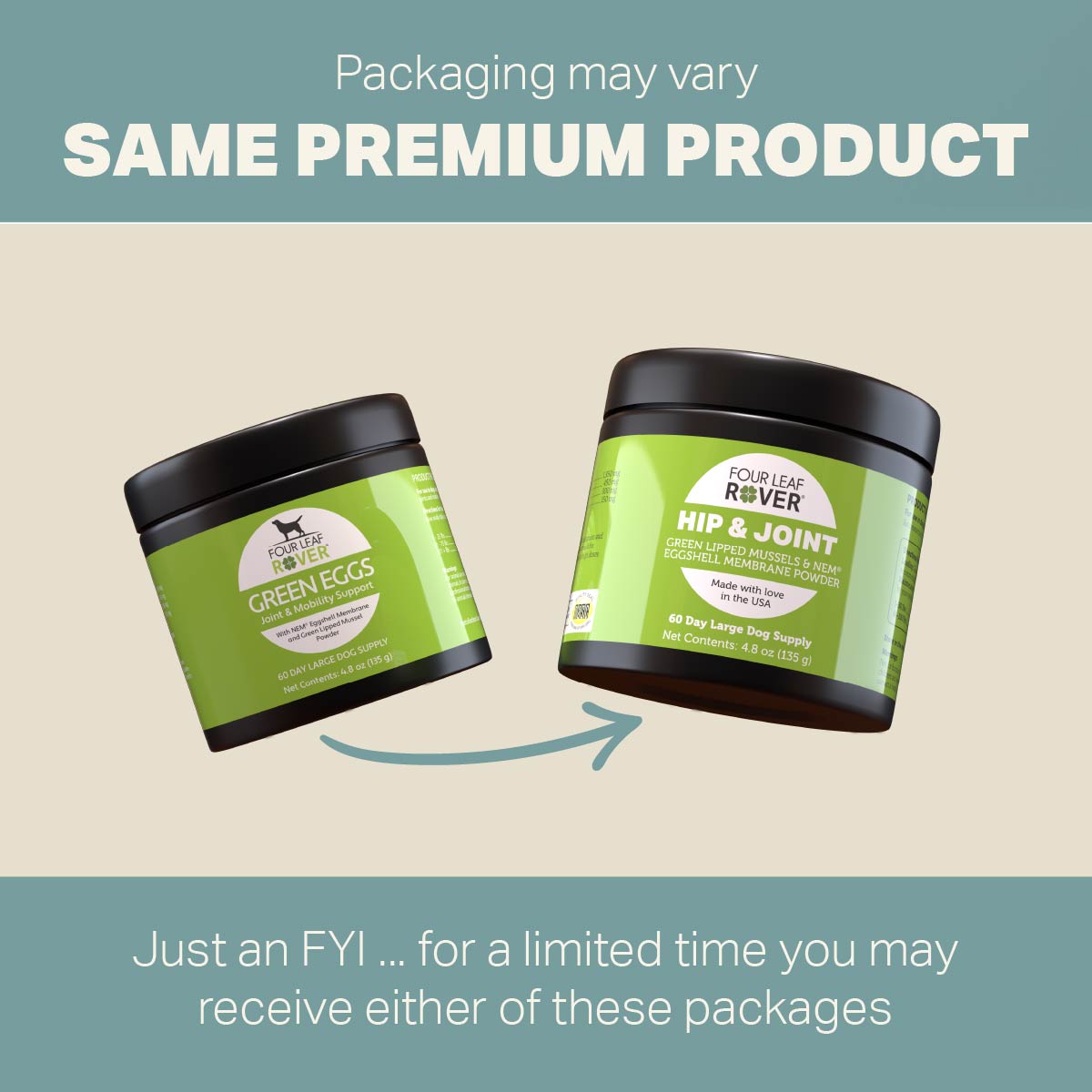 Four Leaf Rover Hip & Joint - Natural Joint Support with green-lipped mussels and eggshell membrane, shown in older and newer packaging, promoting joint health for large dogs.