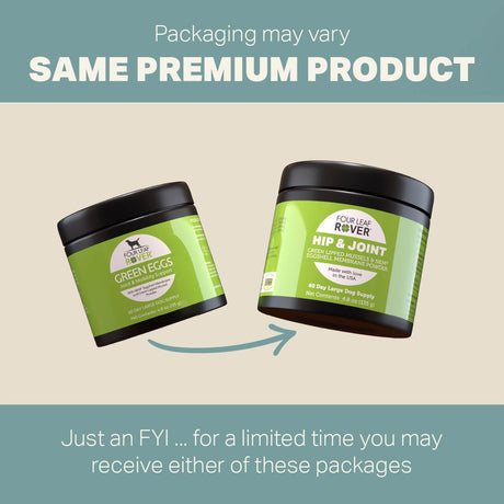 Four Leaf Rover Hip & Joint - Natural Joint Support with green-lipped mussels and eggshell membrane, shown in older and newer packaging, promoting joint health for large dogs.