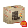 Fare Game Quail & Duck with Lamb by Big Country Raw - $10.00/lb. Beige carton with low-poly cat graphic, HACCP mark, nutrition claims, and red rewards badge.