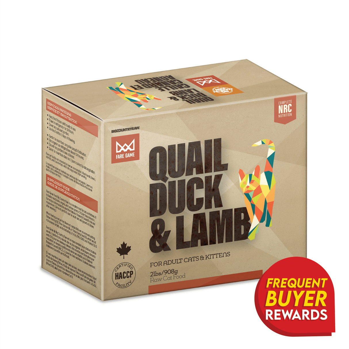 Fare Game Quail & Duck with Lamb by Big Country Raw - $10.00/lb. Beige carton with low-poly cat graphic, HACCP mark, nutrition claims, and red rewards badge.