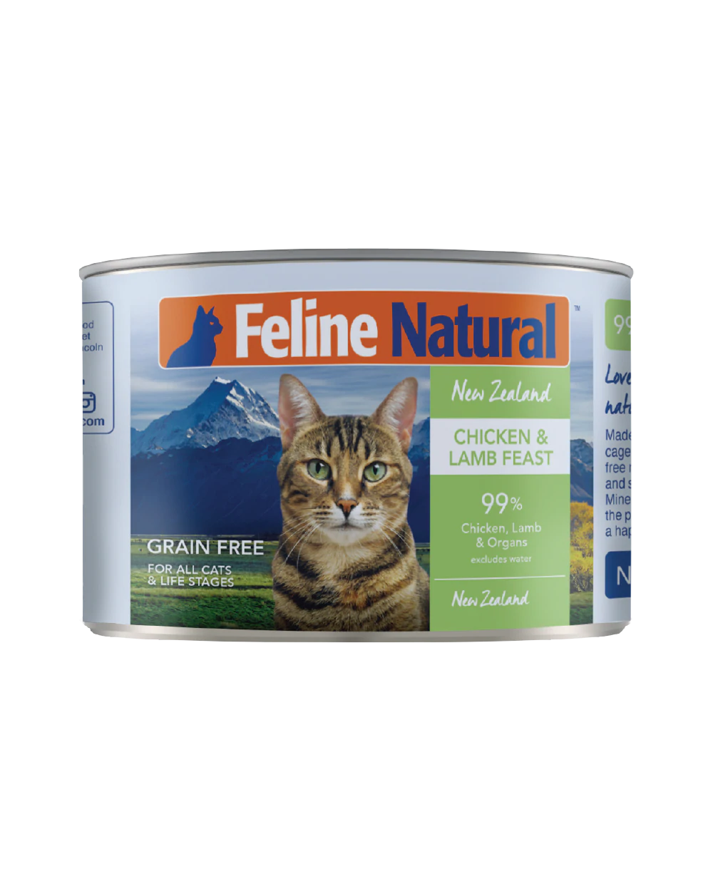 Feline Natural Canned Food for Cats: New Zealand Chicken & Lamb Feast, 99% meat, with a tabby cat in front of a mountain landscape on the label.