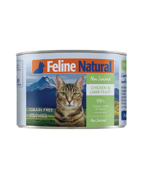 Feline Natural Canned Food for Cats: New Zealand Chicken & Lamb Feast, 99% meat, with a tabby cat in front of a mountain landscape on the label.