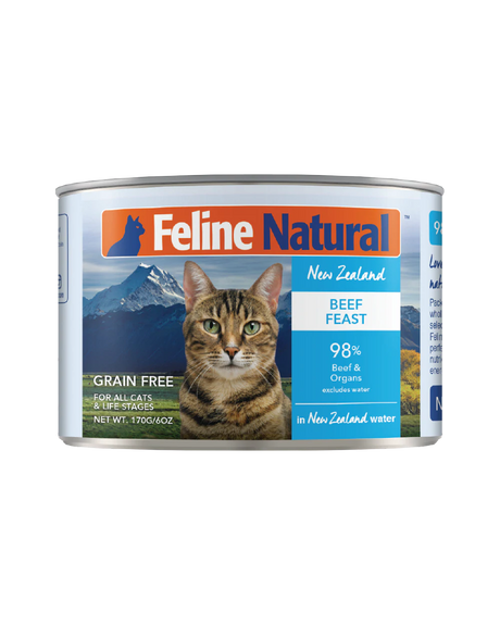 Feline Natural Canned Food for Cats, Beef Feast, 170g can, featuring a cat's face and mountain landscape, grain-free, with 98% beef and organs.