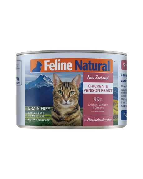 Feline Natural Canned Food for Cats, Chicken & Venison Feast in a 170g can showing a tabby cat with mountainous background, highlighting grain-free, high-meat content.